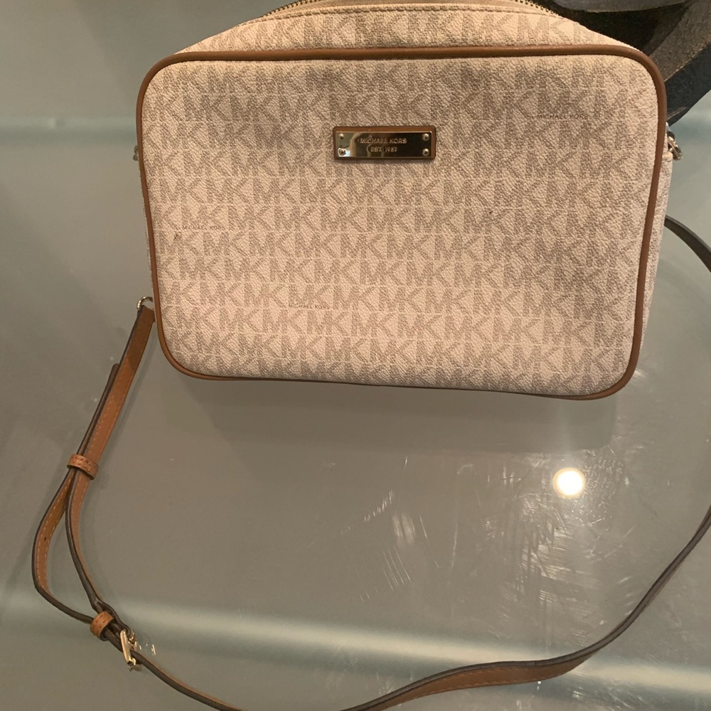 Michael Kors Monogram Cream and Tan Crossbody Bag
